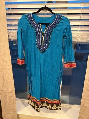 Women's Embroidered Teal Tunic Dress